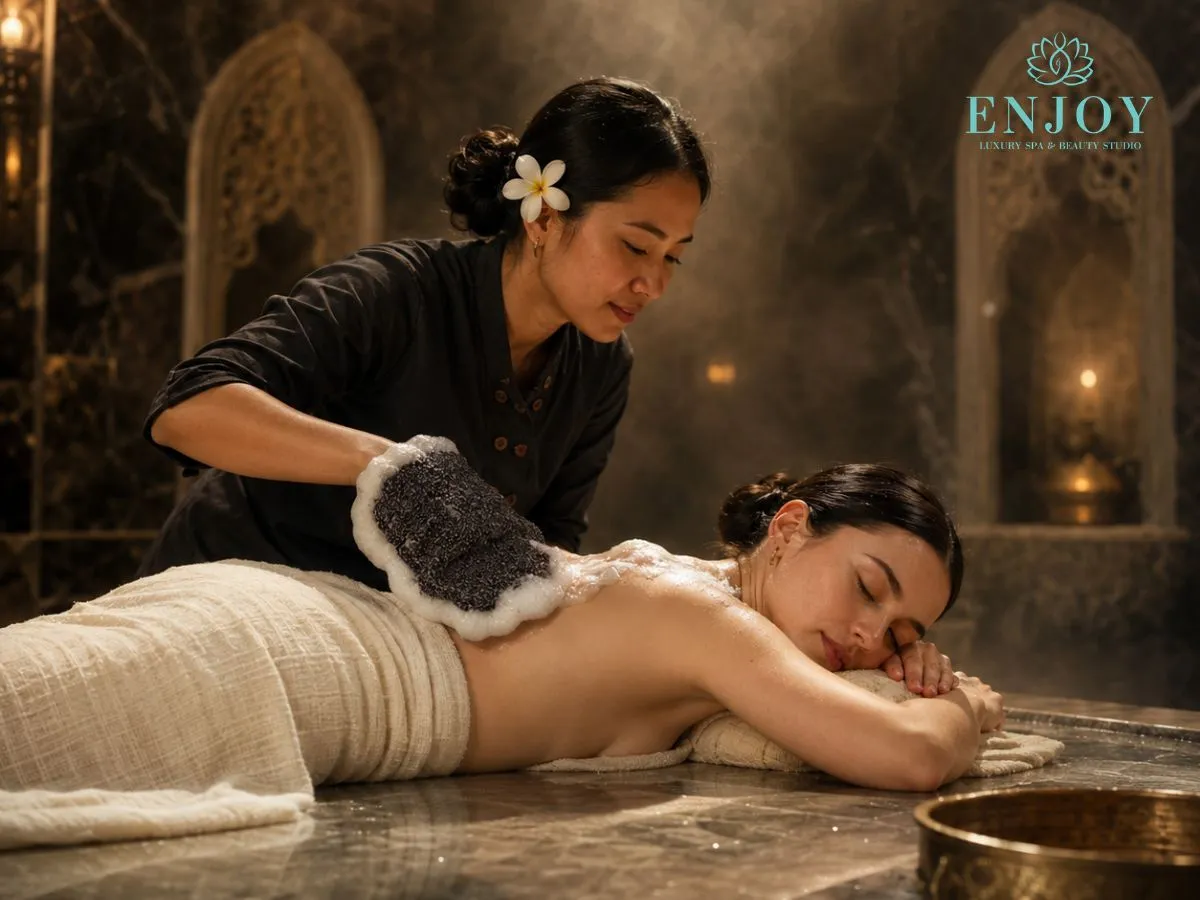 Turkish Steam spa program in Moscow — foam massage with a kese mitt in the hammam, Enjoy Spa