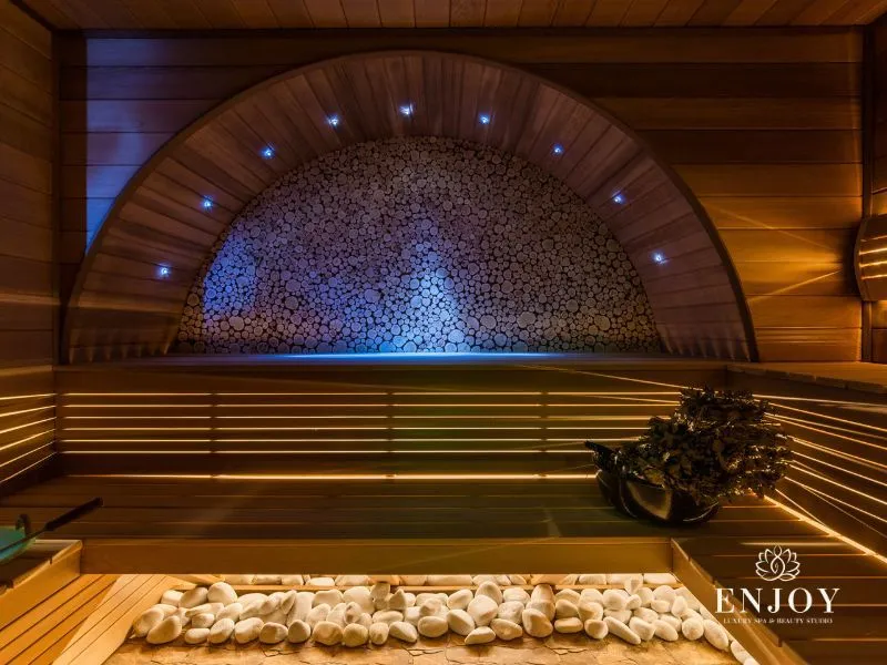 Canadian cedar Finnish sauna with an IKI stove at Enjoy Spa Moscow